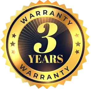 Golden badge with a scalloped edge labeled 3 YEARS WARRANTY in bold text. The number 3 is prominent in the center. The badge has decorative stars around the text, conveying a sense of quality and assurance.