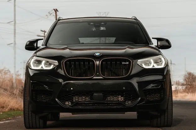 bmw service, Front view of a black BMW X5 M parked on a road. The cars sleek design and signature kidney grille are prominently visible, with headlights turned on. The background features a blurred landscape with power lines and a cloudy sky.