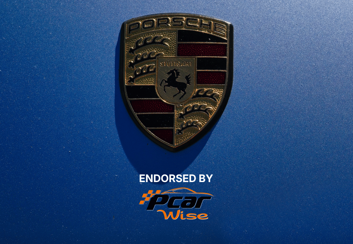 Porsche crest emblem on blue vehicle with PcarWise endorsement branding