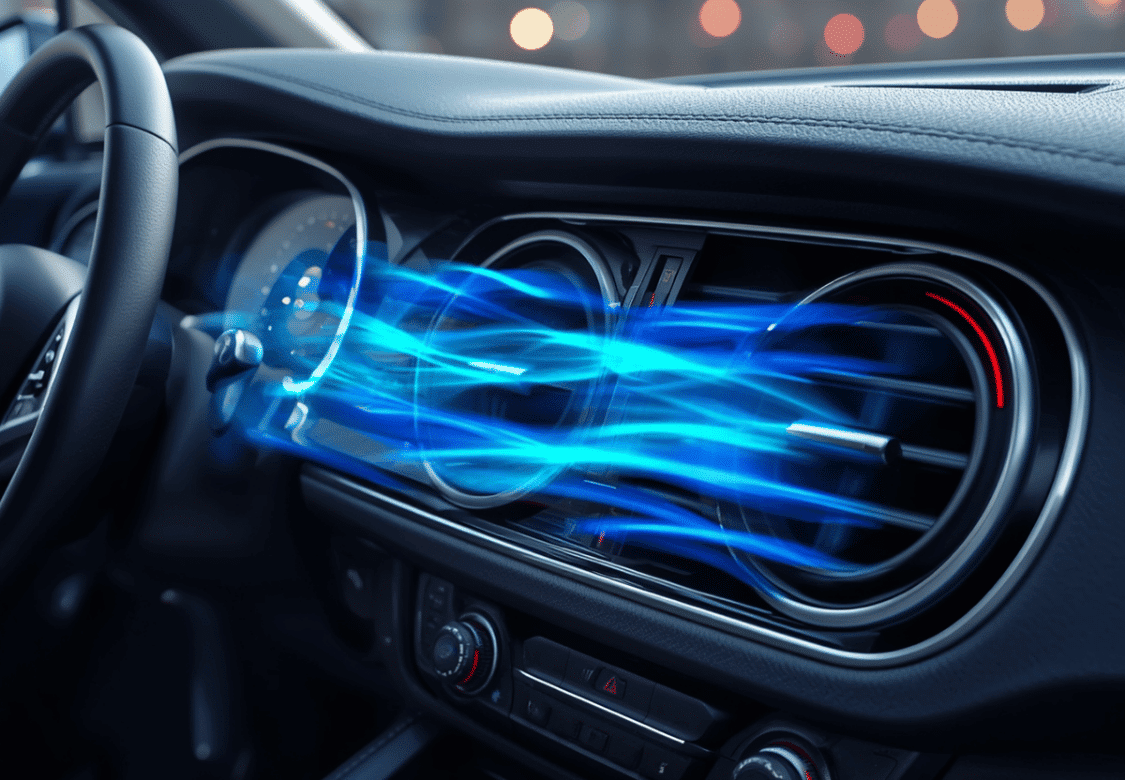 Car dashboard air vents with cool airflow circulating through the cabin as part of the vehicle's air conditioning system.
