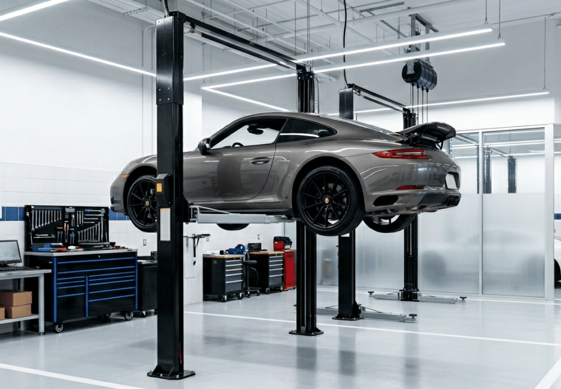 Porsche sports car elevated on a service lift inside a modern automotive repair shop with professional equipment and workstations.