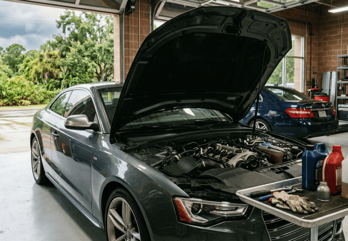 Gray Audi coupe inside a professional auto repair shop with the hood open