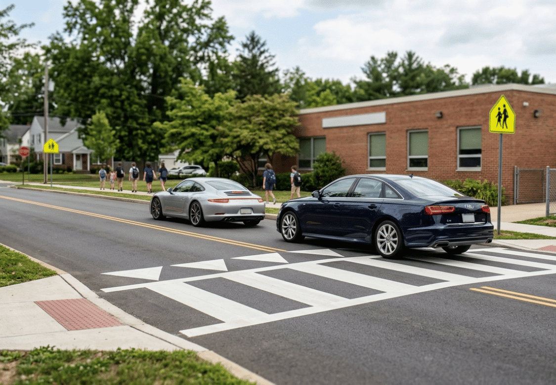 Silver Porsche 911 and blue Audi sedan driving through a school zone near a crosswalk