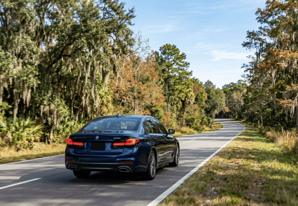 Blue BMW 5 Series driving along a winding tree-lined road in Jacksonville